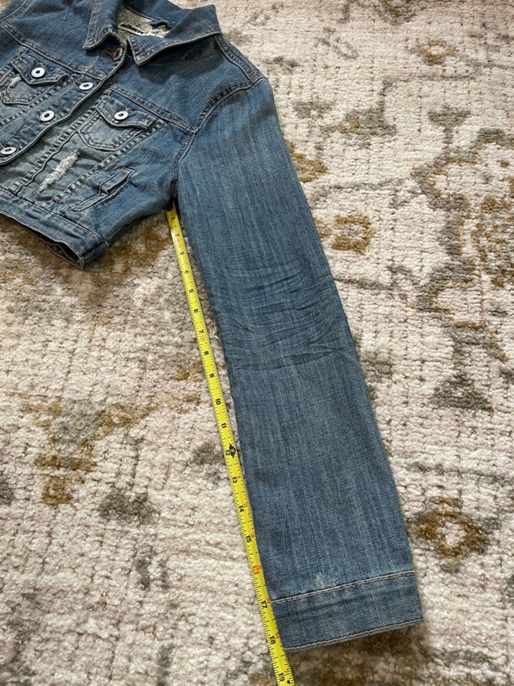 Upcycled Dollhouse Cropped Distressed Denim Jacket with Bird Hmong embroidery M - Picture 12 of 15